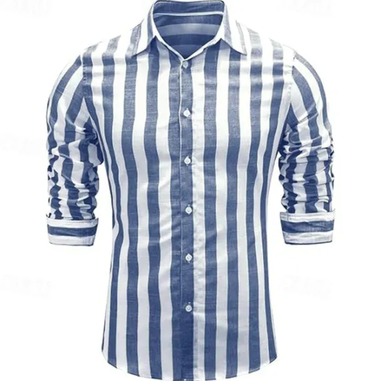 Hot OUKU Men's Shirt Linen Shirt Casual Shirt Cotton Shirt Striped Shirts Stripes Vacation Hawaiian Yellow Red Navy Blue Blue Long Sleeve Lapel Spring & Fall Clothing Apparel Button-Down