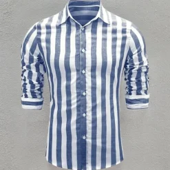 Hot OUKU Men's Shirt Linen Shirt Casual Shirt Cotton Shirt Striped Shirts Stripes Vacation Hawaiian Yellow Red Navy Blue Blue Long Sleeve Lapel Spring & Fall Clothing Apparel Button-Down