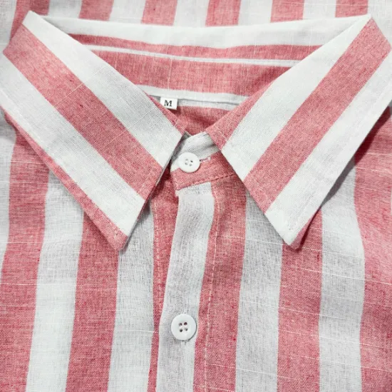 Hot OUKU Men's Shirt Linen Shirt Casual Shirt Cotton Shirt Striped Shirts Stripes Vacation Hawaiian Yellow Red Navy Blue Blue Long Sleeve Lapel Spring & Fall Clothing Apparel Button-Down