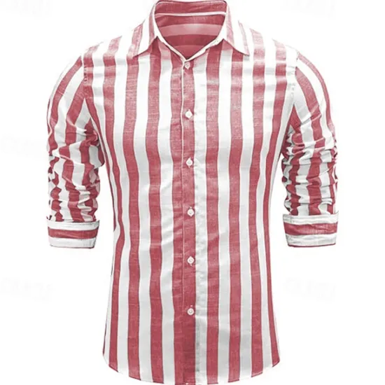Hot OUKU Men's Shirt Linen Shirt Casual Shirt Cotton Shirt Striped Shirts Stripes Vacation Hawaiian Yellow Red Navy Blue Blue Long Sleeve Lapel Spring & Fall Clothing Apparel Button-Down