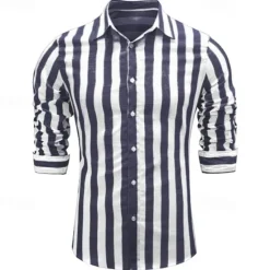 Hot OUKU Men's Shirt Linen Shirt Casual Shirt Cotton Shirt Striped Shirts Stripes Vacation Hawaiian Yellow Red Navy Blue Blue Long Sleeve Lapel Spring & Fall Clothing Apparel Button-Down