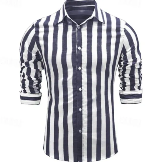 Hot OUKU Men's Shirt Linen Shirt Casual Shirt Cotton Shirt Striped Shirts Stripes Vacation Hawaiian Yellow Red Navy Blue Blue Long Sleeve Lapel Spring & Fall Clothing Apparel Button-Down