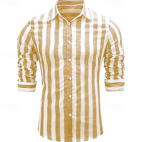 Hot OUKU Men's Shirt Linen Shirt Casual Shirt Cotton Shirt Striped Shirts Stripes Vacation Hawaiian Yellow Red Navy Blue Blue Long Sleeve Lapel Spring & Fall Clothing Apparel Button-Down