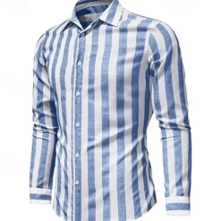 Hot OUKU Men's Shirt Linen Shirt Casual Shirt Cotton Shirt Striped Shirts Stripes Vacation Hawaiian Yellow Red Navy Blue Blue Long Sleeve Lapel Spring & Fall Clothing Apparel Button-Down