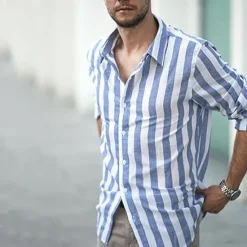 Hot OUKU Men's Shirt Linen Shirt Casual Shirt Cotton Shirt Striped Shirts Stripes Vacation Hawaiian Yellow Red Navy Blue Blue Long Sleeve Lapel Spring & Fall Clothing Apparel Button-Down