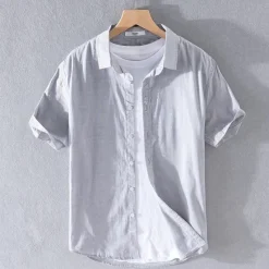 Outlet OUKU Men's Shirt Linen Shirt Casual Shirt Cotton Shirt Plain Vacation Street White Sky Blue Khaki Light Grey Short Sleeve Turndown Summer Clothing Apparel Button-Down
