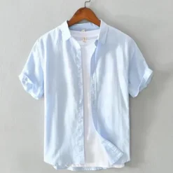 Outlet OUKU Men's Shirt Linen Shirt Casual Shirt Cotton Shirt Plain Vacation Street White Sky Blue Khaki Light Grey Short Sleeve Turndown Summer Clothing Apparel Button-Down