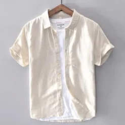 Outlet OUKU Men's Shirt Linen Shirt Casual Shirt Cotton Shirt Plain Vacation Street White Sky Blue Khaki Light Grey Short Sleeve Turndown Summer Clothing Apparel Button-Down