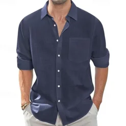 Clearance OUKU Men's Shirt Linen Shirt Casual Shirt Button Up Shirt Cotton Shirt Plain Vacation Hawaiian White Navy Blue Sky Blue Khaki Long Sleeve Lapel Spring Fall Clothing Apparel Pocket