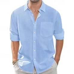Clearance OUKU Men's Shirt Linen Shirt Casual Shirt Button Up Shirt Cotton Shirt Plain Vacation Hawaiian White Navy Blue Sky Blue Khaki Long Sleeve Lapel Spring Fall Clothing Apparel Pocket