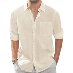 Clearance OUKU Men's Shirt Linen Shirt Casual Shirt Button Up Shirt Cotton Shirt Plain Vacation Hawaiian White Navy Blue Sky Blue Khaki Long Sleeve Lapel Spring Fall Clothing Apparel Pocket