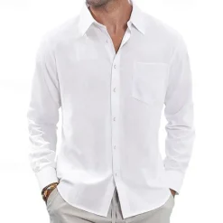 Clearance OUKU Men's Shirt Linen Shirt Casual Shirt Button Up Shirt Cotton Shirt Plain Vacation Hawaiian White Navy Blue Sky Blue Khaki Long Sleeve Lapel Spring Fall Clothing Apparel Pocket