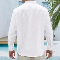 Clearance OUKU Men's Shirt Linen Shirt Casual Shirt Button Up Shirt Cotton Shirt Plain Vacation Hawaiian White Navy Blue Sky Blue Khaki Long Sleeve Lapel Spring Fall Clothing Apparel Pocket