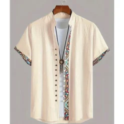Hot OUKU Men's Shirt Linen Shirt Casual Shirt Button Up Shirt Cotton Shirt Color Block Vacation Street Short Sleeve Band Collar Summer Clothing Apparel Splice Apricot