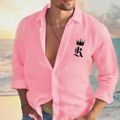 New OUKU Men's Shirt Linen Shirt Casual Shirt Button Up Shirt Cotton Shirt King Hawaiian Holiday White Pink Light Blue Long Sleeve Turndown Spring & Fall Clothing Apparel Embroidered