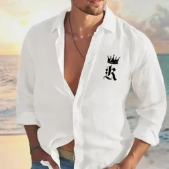 New OUKU Men's Shirt Linen Shirt Casual Shirt Button Up Shirt Cotton Shirt King Hawaiian Holiday White Pink Light Blue Long Sleeve Turndown Spring & Fall Clothing Apparel Embroidered