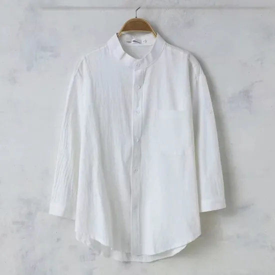 Discount OUKU Men's Shirt Linen Shirt Chinese Collar Shirt Mandarin Collar Shirt Casual Shirt Cotton Shirt Plain Vacation Hawaiian Black White Army Green 3/4 Length Sleeve Band Collar Spring & Fall Clothing