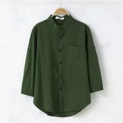 Discount OUKU Men's Shirt Linen Shirt Chinese Collar Shirt Mandarin Collar Shirt Casual Shirt Cotton Shirt Plain Vacation Hawaiian Black White Army Green 3/4 Length Sleeve Band Collar Spring & Fall Clothing