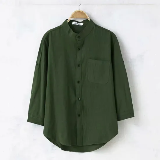 Discount OUKU Men's Shirt Linen Shirt Chinese Collar Shirt Mandarin Collar Shirt Casual Shirt Cotton Shirt Plain Vacation Hawaiian Black White Army Green 3/4 Length Sleeve Band Collar Spring & Fall Clothing