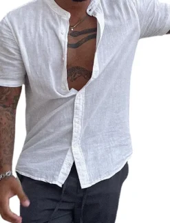 Outlet OUKU Men's Shirt Linen Shirt Chinese Collar Shirt Mandarin Collar Shirt Summer Shirt Beach Shirt Plain Vacation Casual Short Sleeve Grandad Collar Summer Clothing Apparel White