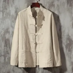 Outlet OUKU Men's Shirt Linen Shirt Chinese Collar Shirt Mandarin Collar Shirt Casual Shirt Cotton Shirt Plain Vacation Hawaiian Black White Navy Blue Beige Long Sleeve Grandad Collar Spring & Fall Clothing
