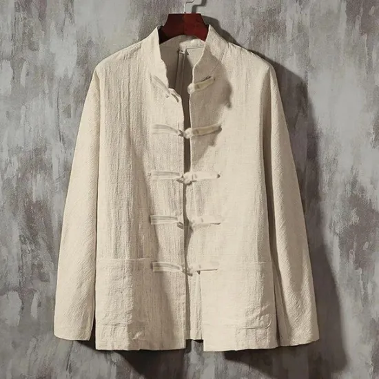 Outlet OUKU Men's Shirt Linen Shirt Chinese Collar Shirt Mandarin Collar Shirt Casual Shirt Cotton Shirt Plain Vacation Hawaiian Black White Navy Blue Beige Long Sleeve Grandad Collar Spring & Fall Clothing