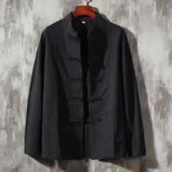 Outlet OUKU Men's Shirt Linen Shirt Chinese Collar Shirt Mandarin Collar Shirt Casual Shirt Cotton Shirt Plain Vacation Hawaiian Black White Navy Blue Beige Long Sleeve Grandad Collar Spring & Fall Clothing