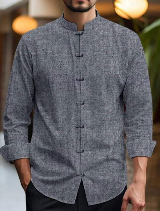 Clearance OUKU Men's Shirt Linen Shirt Chinese Collar Shirt Mandarin Collar Shirt Casual Shirt Cotton Linen Shirt Plain Vacation Casual Black White Pink Wine Long Sleeve Grandad Collar Spring & Summer Clothing