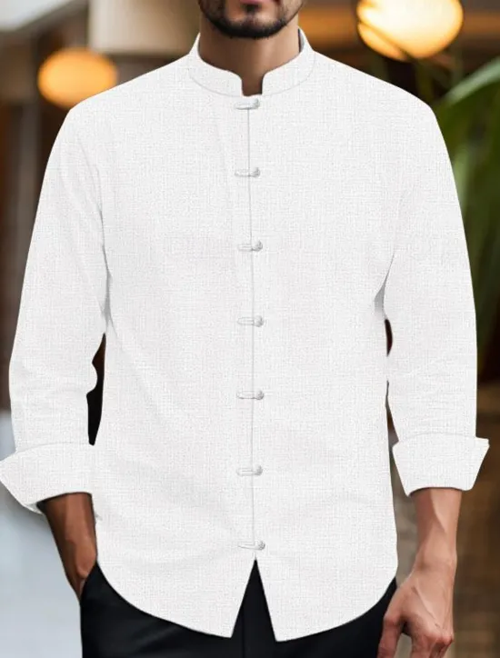 Clearance OUKU Men's Shirt Linen Shirt Chinese Collar Shirt Mandarin Collar Shirt Casual Shirt Cotton Linen Shirt Plain Vacation Casual Black White Pink Wine Long Sleeve Grandad Collar Spring & Summer Clothing