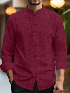 Clearance OUKU Men's Shirt Linen Shirt Chinese Collar Shirt Mandarin Collar Shirt Casual Shirt Cotton Linen Shirt Plain Vacation Casual Black White Pink Wine Long Sleeve Grandad Collar Spring & Summer Clothing
