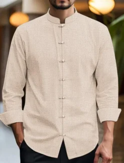 Clearance OUKU Men's Shirt Linen Shirt Chinese Collar Shirt Mandarin Collar Shirt Casual Shirt Cotton Linen Shirt Plain Vacation Casual Black White Pink Wine Long Sleeve Grandad Collar Spring & Summer Clothing