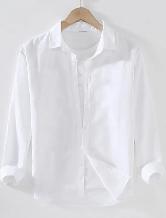 Sale OUKU Men's Shirt Linen Shirt Classic Casual Beach Shirt Standard Fit Long Sleeve Lapel Solid Color Cotton Linen White Beige Grey