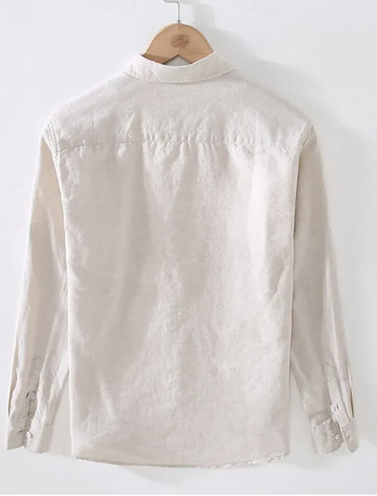 Sale OUKU Men's Shirt Linen Shirt Classic Casual Beach Shirt Standard Fit Long Sleeve Lapel Solid Color Cotton Linen White Beige Grey