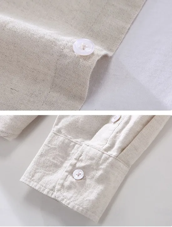 Sale OUKU Men's Shirt Linen Shirt Classic Casual Beach Shirt Standard Fit Long Sleeve Lapel Solid Color Cotton Linen White Beige Grey