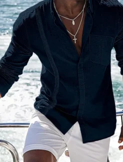 Best OUKU Men's Shirt Linen Shirt Cotton Linen Shirt Summer Shirt Beach Shirt Button Up Shirt Plain Casual Daily Black White Navy Blue Blue Long Sleeve Turndown Spring & Summer Clothing Apparel