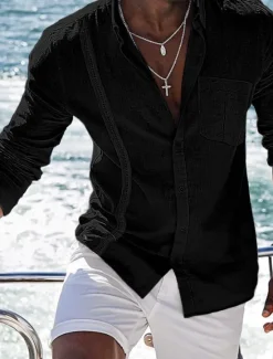 Best OUKU Men's Shirt Linen Shirt Cotton Linen Shirt Summer Shirt Beach Shirt Button Up Shirt Plain Casual Daily Black White Navy Blue Blue Long Sleeve Turndown Spring & Summer Clothing Apparel
