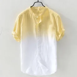 Sale OUKU Men's Shirt Linen Shirt Cotton Linen Shirt Chinese Collar Shirt Mandarin Collar Shirt Summer Shirt Gradient Vacation Street Yellow Orange Green Light Blue Short Sleeve Grandad Collar Summer Clothing