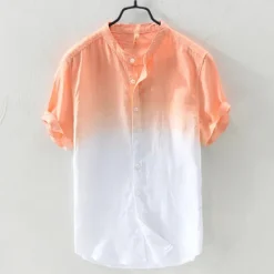 Sale OUKU Men's Shirt Linen Shirt Cotton Linen Shirt Chinese Collar Shirt Mandarin Collar Shirt Summer Shirt Gradient Vacation Street Yellow Orange Green Light Blue Short Sleeve Grandad Collar Summer Clothing