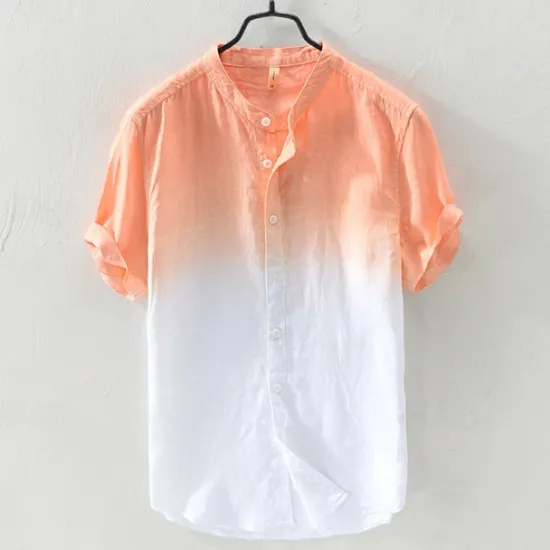 Sale OUKU Men's Shirt Linen Shirt Cotton Linen Shirt Chinese Collar Shirt Mandarin Collar Shirt Summer Shirt Gradient Vacation Street Yellow Orange Green Light Blue Short Sleeve Grandad Collar Summer Clothing