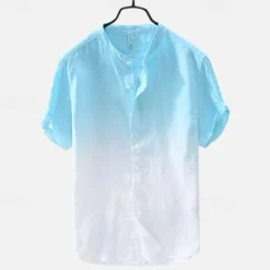 Sale OUKU Men's Shirt Linen Shirt Cotton Linen Shirt Chinese Collar Shirt Mandarin Collar Shirt Summer Shirt Gradient Vacation Street Yellow Orange Green Light Blue Short Sleeve Grandad Collar Summer Clothing