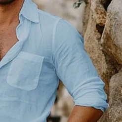 New OUKU Men's Shirt Linen Shirt Cotton Linen Shirt White Cotton Shirt Summer Shirt Beach Shirt Plain Vacation Hawaiian White Light Green Blue Long Sleeve Lapel Spring & Fall Clothing Apparel