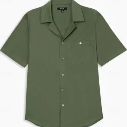 Sale OUKU Men's Shirt Linen Shirt Cuban Collar Shirt Black Blue Brown Green Short Sleeve Solid Color Spring & Summer Street Daily Clothing Apparel