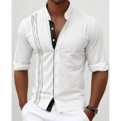 Discount OUKU Men's Shirt Linen Shirt Embroidered Button Up Shirt Casual Shirt Summer Shirt Beach Shirt Black White Pink Long Sleeve Standing Collar Spring & Summer Casual Daily Clothing Apparel Embroidered