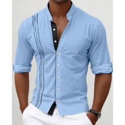 Discount OUKU Men's Shirt Linen Shirt Embroidered Button Up Shirt Casual Shirt Summer Shirt Beach Shirt Black White Pink Long Sleeve Standing Collar Spring & Summer Casual Daily Clothing Apparel Embroidered