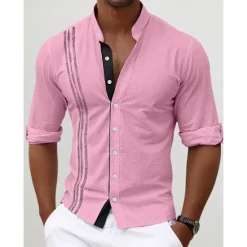 Discount OUKU Men's Shirt Linen Shirt Embroidered Button Up Shirt Casual Shirt Summer Shirt Beach Shirt Black White Pink Long Sleeve Standing Collar Spring & Summer Casual Daily Clothing Apparel Embroidered