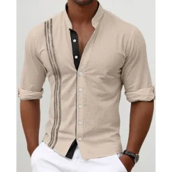 Discount OUKU Men's Shirt Linen Shirt Embroidered Button Up Shirt Casual Shirt Summer Shirt Beach Shirt Black White Pink Long Sleeve Standing Collar Spring & Summer Casual Daily Clothing Apparel Embroidered