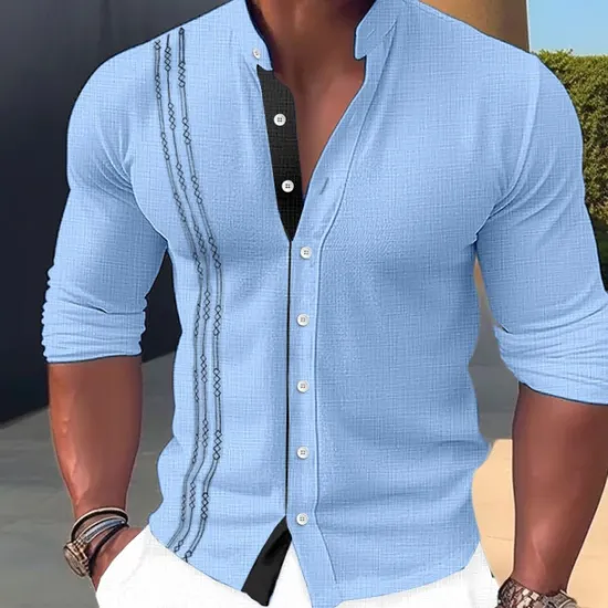 New OUKU Men's Shirt Linen Shirt Embroidered Button Up Shirt Casual Shirt Summer Shirt Beach Shirt Black White Pink Long Sleeve Standing Collar Spring & Summer Casual Daily Clothing Apparel Embroidered