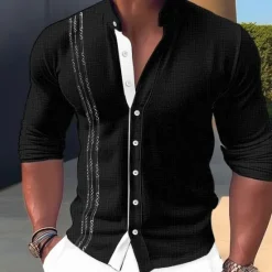 New OUKU Men's Shirt Linen Shirt Embroidered Button Up Shirt Casual Shirt Summer Shirt Beach Shirt Black White Pink Long Sleeve Standing Collar Spring & Summer Casual Daily Clothing Apparel Embroidered