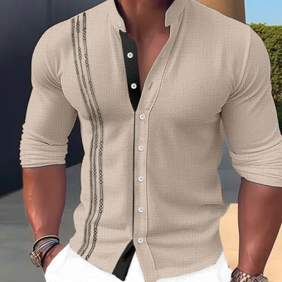 New OUKU Men's Shirt Linen Shirt Embroidered Button Up Shirt Casual Shirt Summer Shirt Beach Shirt Black White Pink Long Sleeve Standing Collar Spring & Summer Casual Daily Clothing Apparel Embroidered