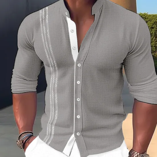 New OUKU Men's Shirt Linen Shirt Embroidered Button Up Shirt Casual Shirt Summer Shirt Beach Shirt Black White Pink Long Sleeve Standing Collar Spring & Summer Casual Daily Clothing Apparel Embroidered